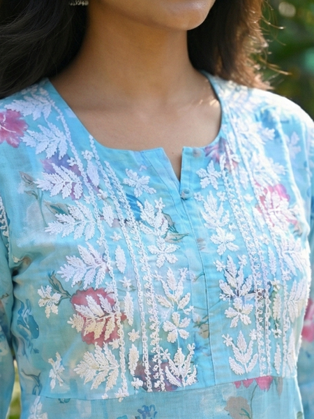 Blue Chikankari Mulmul Pocket Kurti