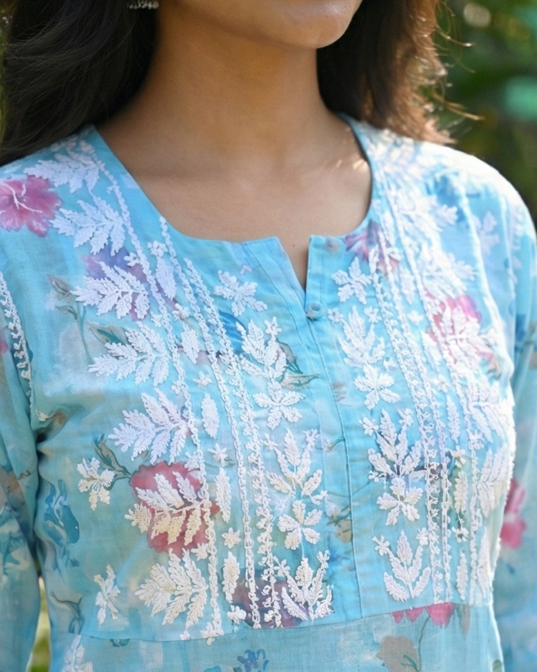Blue Chikankari Mulmul Pocket Kurti