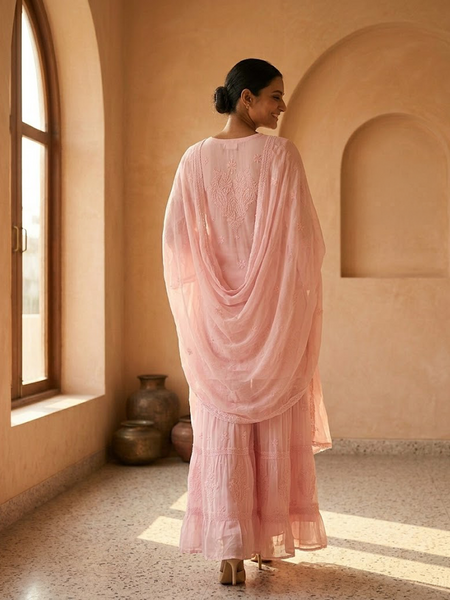 Readymade Viscose Georgette Pink Garara Set