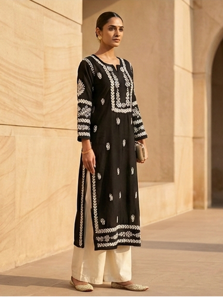 Black Chikankari Modal Long Kurti