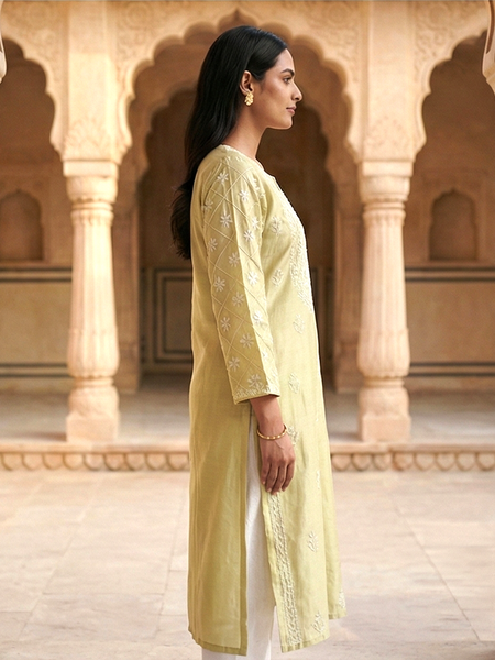 Golden Cotton Chanderi Chikankari Kurta