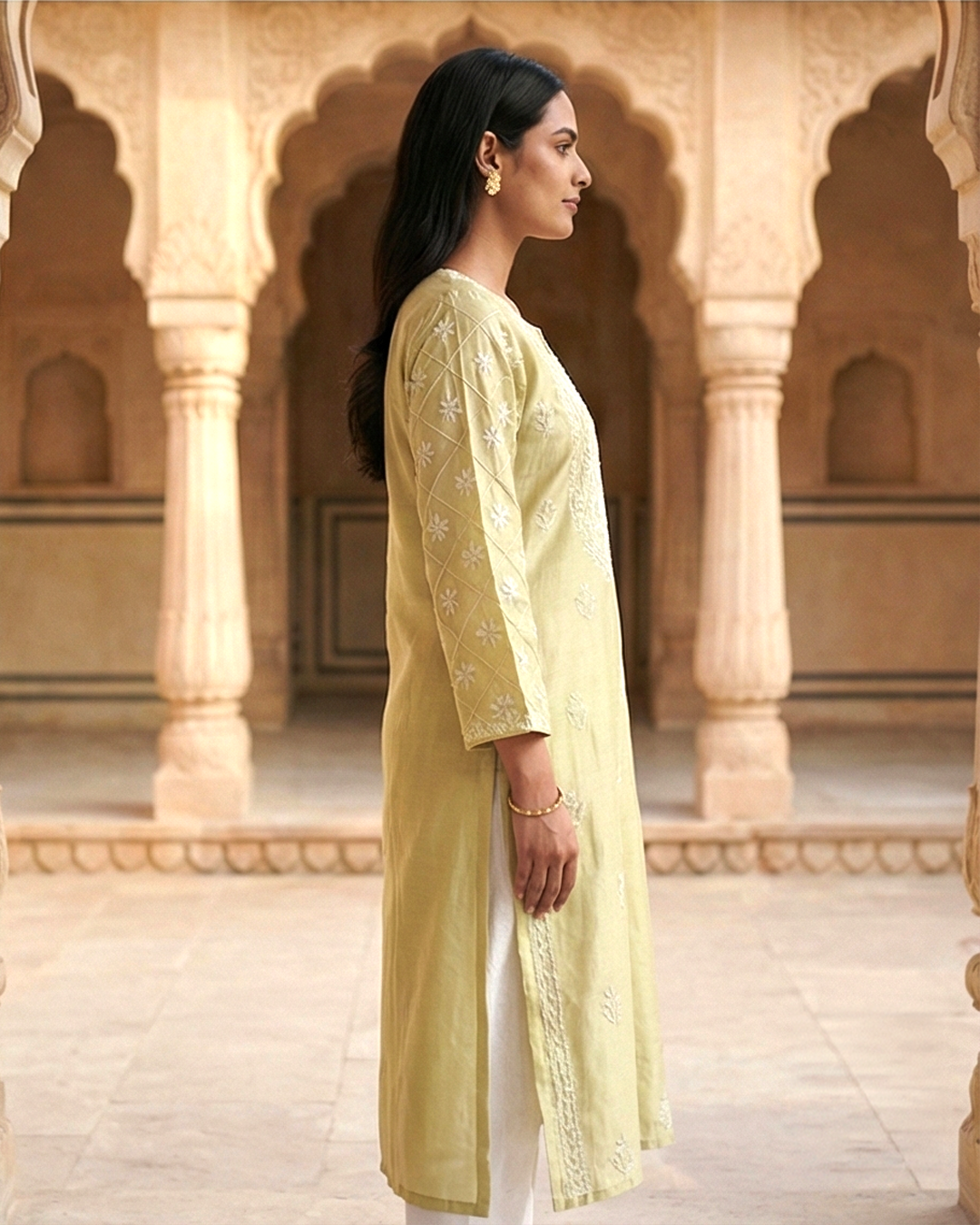 Golden Cotton Chanderi Chikankari Kurta
