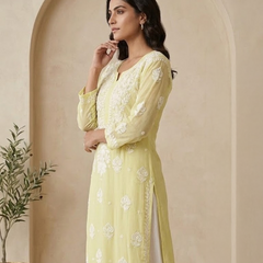 Yellow Readymade Viscose Georgette Chikankari Readymade Kurta