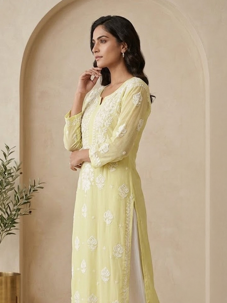 Yellow Readymade Viscose Georgette Chikankari Readymade Kurta