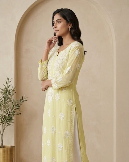 Yellow Readymade Viscose Georgette Chikankari Readymade Kurta