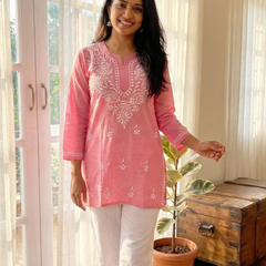 Pink Readymade Cotton Short Kurti