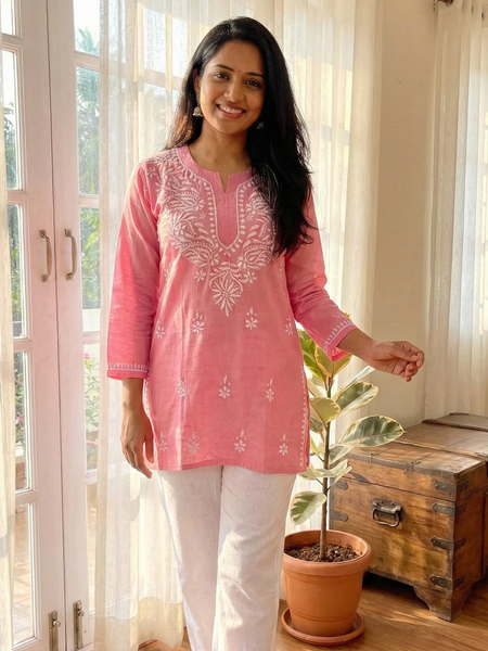 Pink Readymade Cotton Short Kurti
