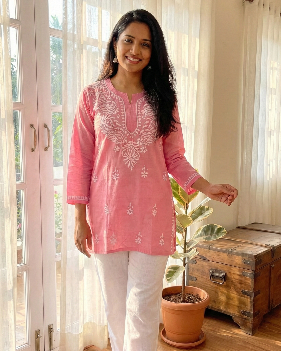 Pink Readymade Cotton Short Kurti