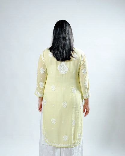 Yellow Viscose Georgette Chikankari Readymade Kurta