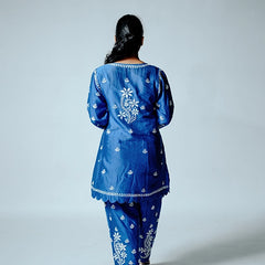 Dark Blue Muslin Co-ord Set With Ghaspatti Chikankari Work