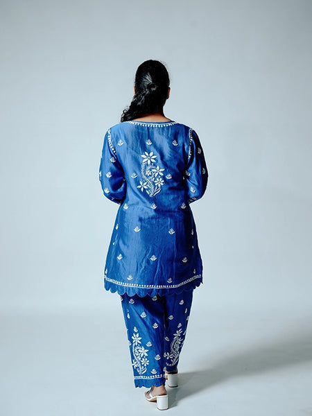Dark Blue Muslin Co-ord Set With Ghaspatti Chikankari Work