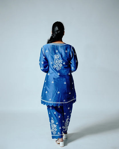 Dark Blue Muslin Co-ord Set With Ghaspatti Chikankari Work