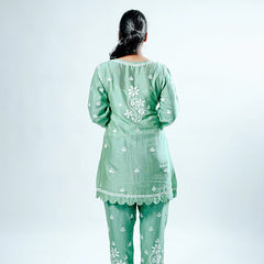 Green Pink Muslin Co-ord Set With Ghaspatti Chikankari Work