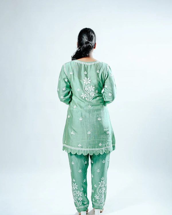 Green Pink Muslin Co-ord Set With Ghaspatti Chikankari Work