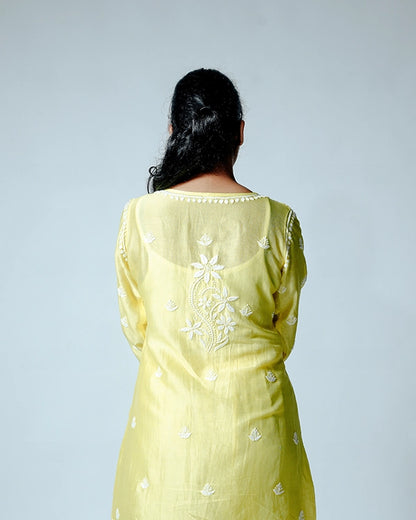Yellow Muslin Co-ord Set With Ghaspatti chikankari work