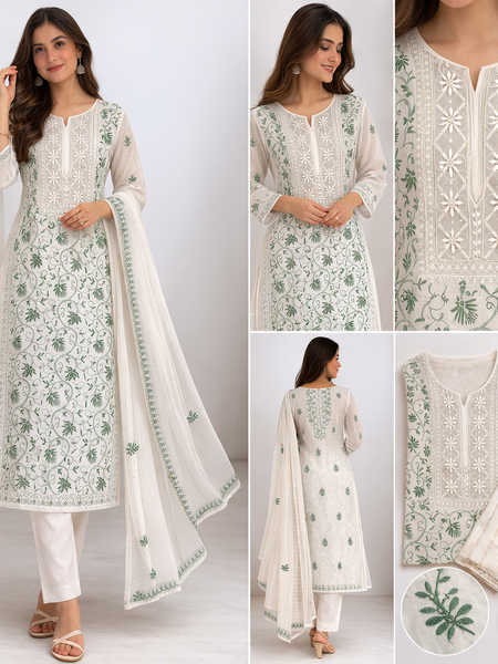 White Semistitched Mulchanderi Kurta Dupatta Set - Green Embroidered Kurta