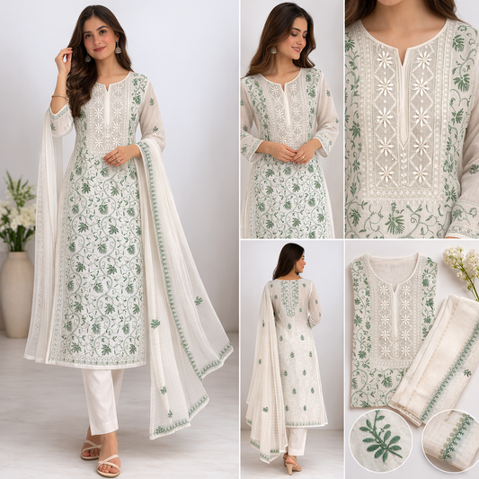 White Semistitched Mulchanderi Kurta Dupatta Set - Green Embroidered Kurta