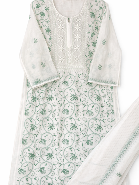 White Semistitched Mulchanderi Kurta Dupatta Set - Green Embroidered Kurta