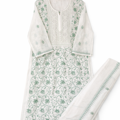 White Semistitched Mulchanderi Kurta Dupatta Set - Green Embroidered Kurta