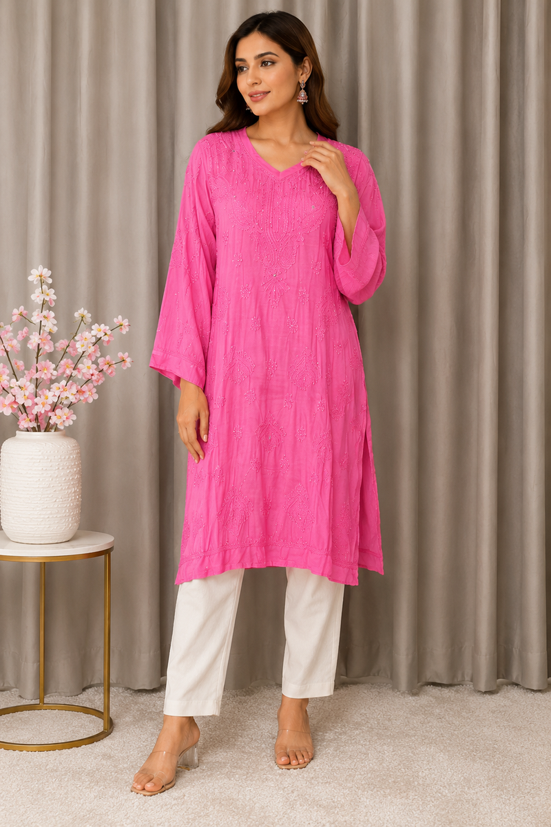 Pink Muslin Mukaish Work Kurta