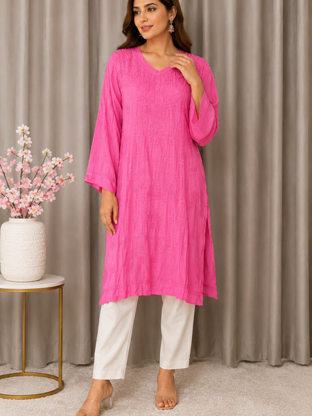 Pink Muslin Mukaish Work Kurta