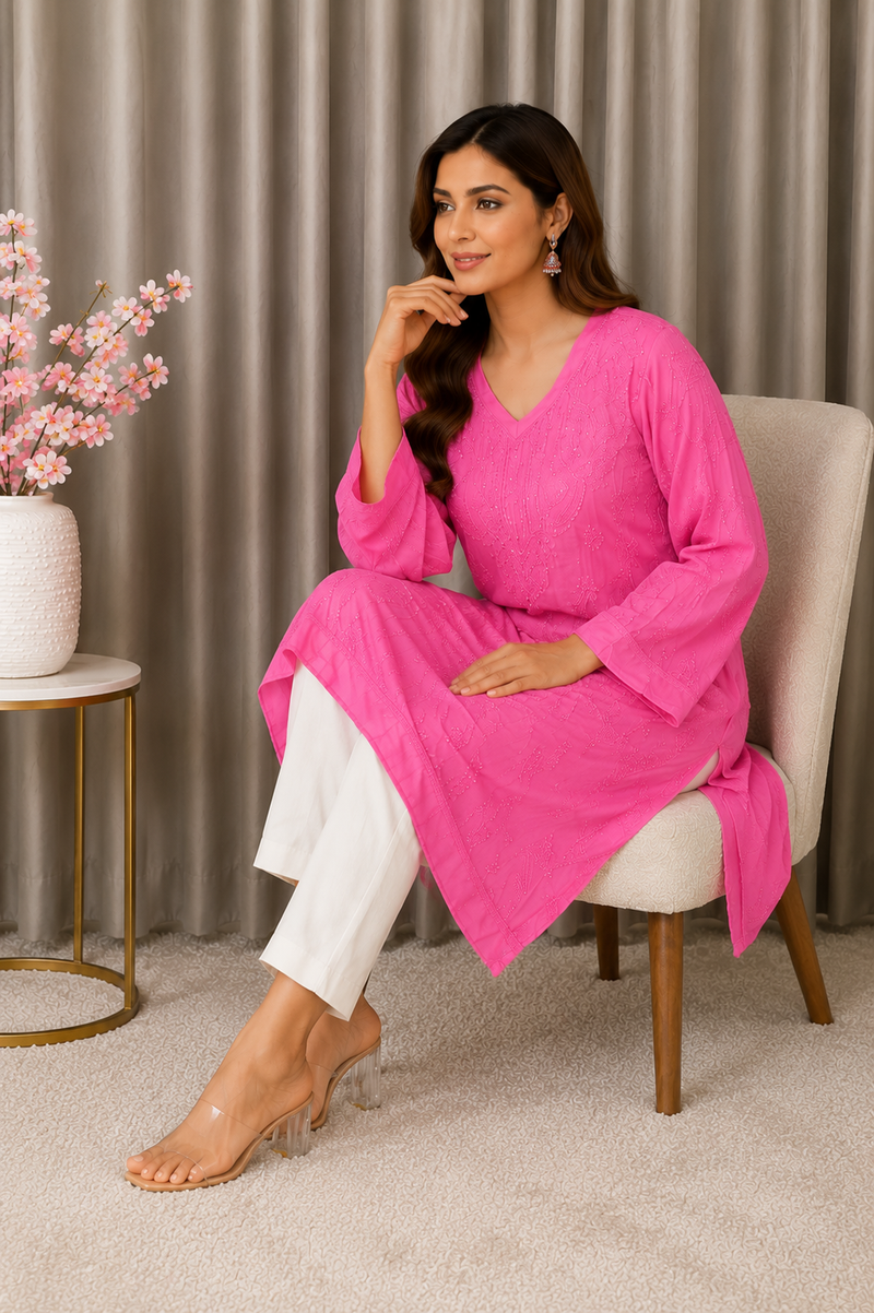 Pink Muslin Mukaish Work Kurta