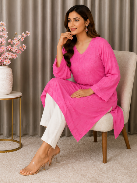Pink Muslin Mukaish Work Kurta
