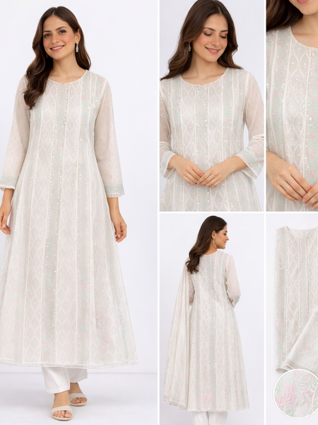 White Semistitched Anarkali Kurta Dupatta Set With Multicolored Kali's