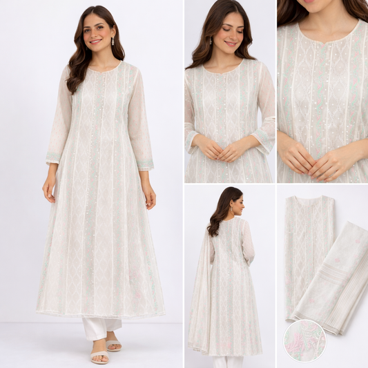 White Semistitched Anarkali Kurta Dupatta Set With Multicolored Kali's