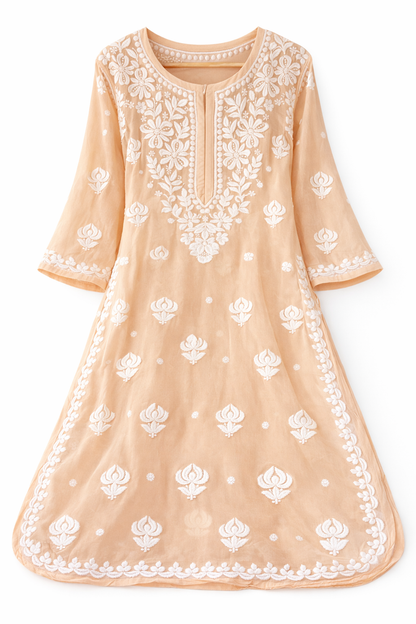 Beige Viscose Georgette Chikankari Readymade Kurta