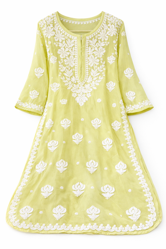 Yellow Viscose Georgette Chikankari Readymade Kurta