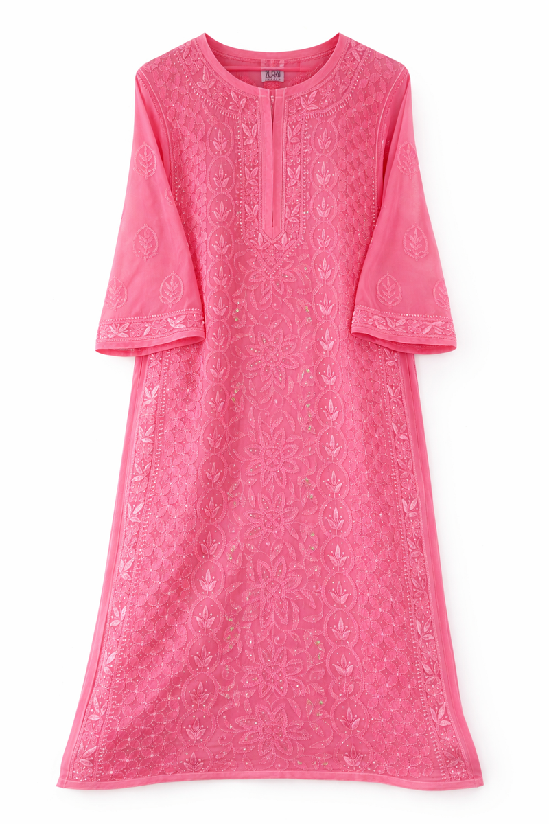 Resham Readymade Viscose Georgette Kurta In Rose Pink Color