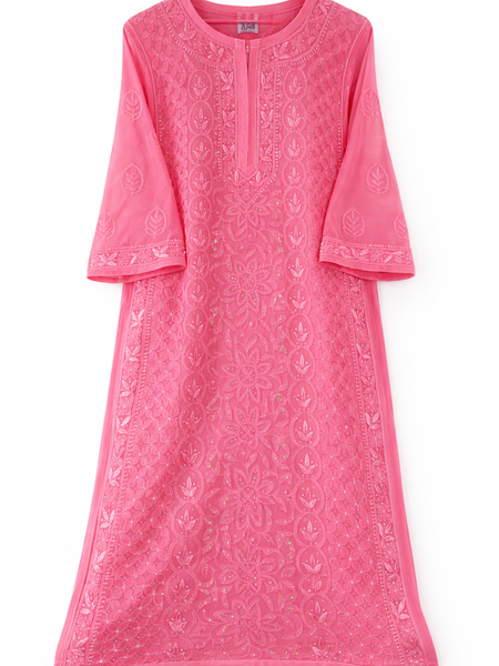 Resham Readymade Viscose Georgette Kurta In Rose Pink Color