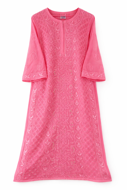 Resham Viscose Georgette Kurta In Rose Pink Color
