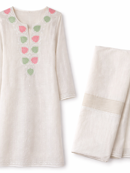 White Semistitched Mulchanderi Kurta Dupatta Set - Multicolored Embroidered Kurta