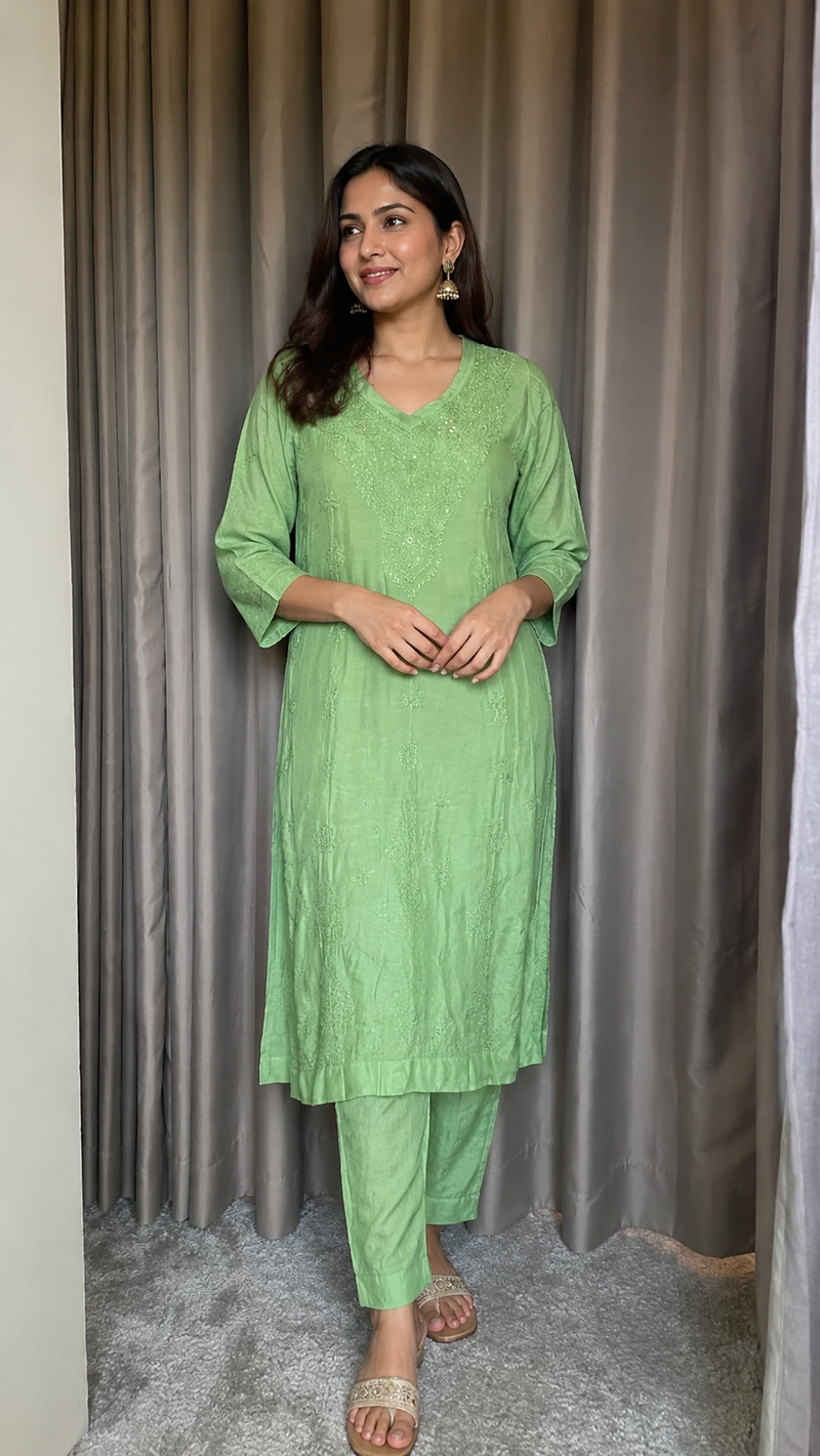 Green Muslin Mukaish Work Kurta