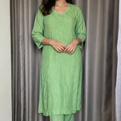 Green Muslin Mukaish Work Kurta