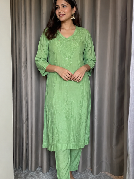 Green Muslin Mukaish Work Kurta