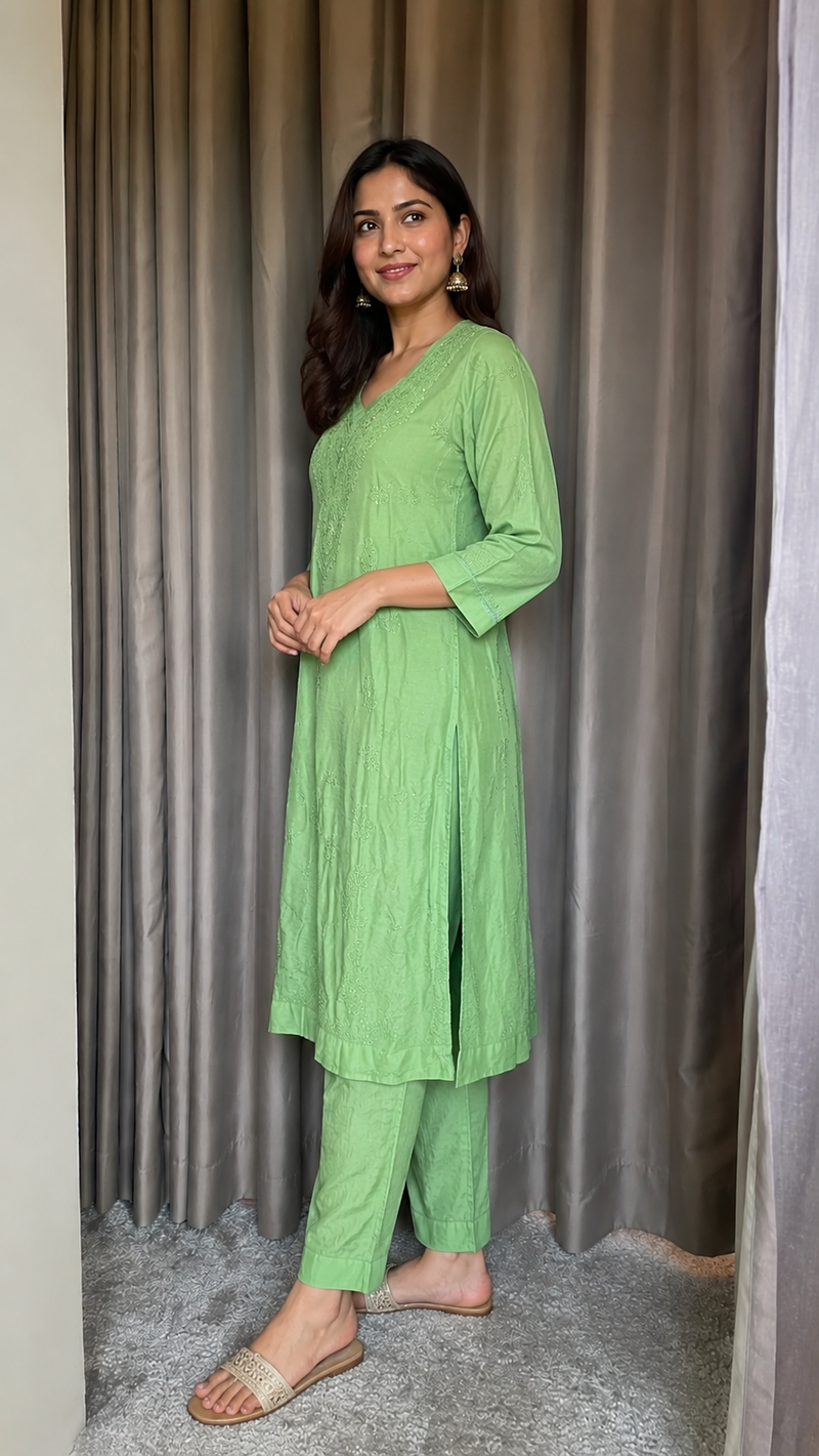 Green Muslin Mukaish Work Kurta
