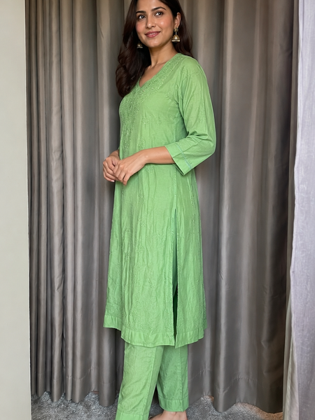 Green Muslin Mukaish Work Kurta