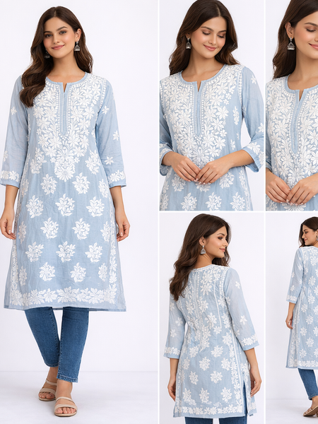 Blue Readymade Mulcotton Chikankari Kurta