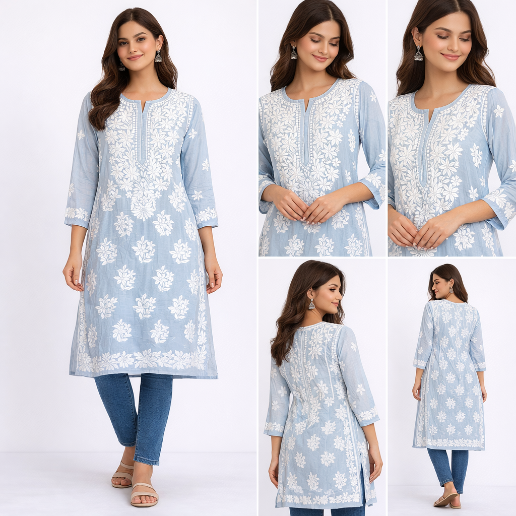 Blue Readymade Mulcotton Chikankari Kurta
