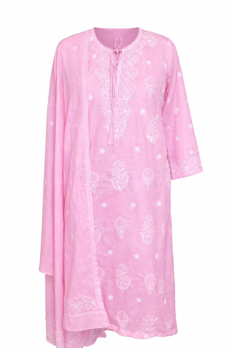 Cotton Pink Kurta Dupatta Set with Katdana Work