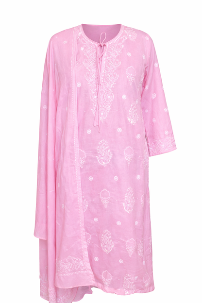 Cotton Pink Kurta Dupatta Set with Katdana Work
