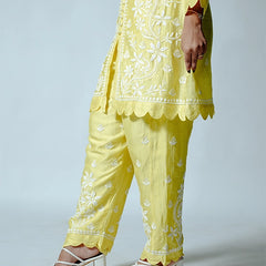 Yellow Muslin Co-ord Set With Ghaspatti chikankari work