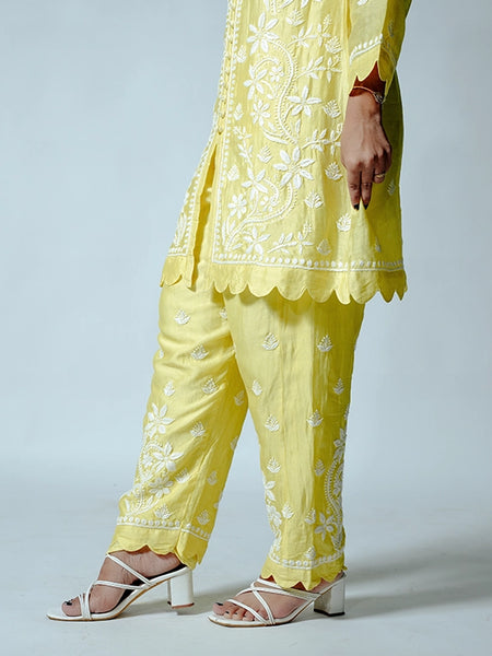 Yellow Muslin Co-ord Set With Ghaspatti chikankari work
