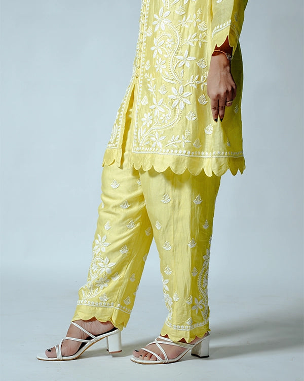 Yellow Muslin Co-ord Set With Ghaspatti chikankari work