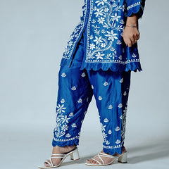 Dark Blue Muslin Co-ord Set With Ghaspatti Chikankari Work