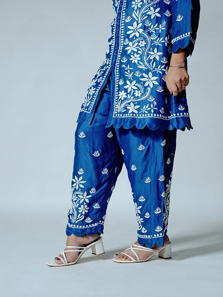 Dark Blue Muslin Co-ord Set With Ghaspatti Chikankari Work