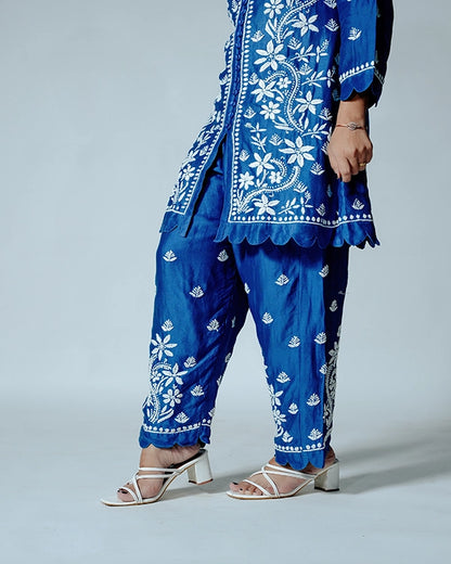 Dark Blue Muslin Co-ord Set With Ghaspatti Chikankari Work